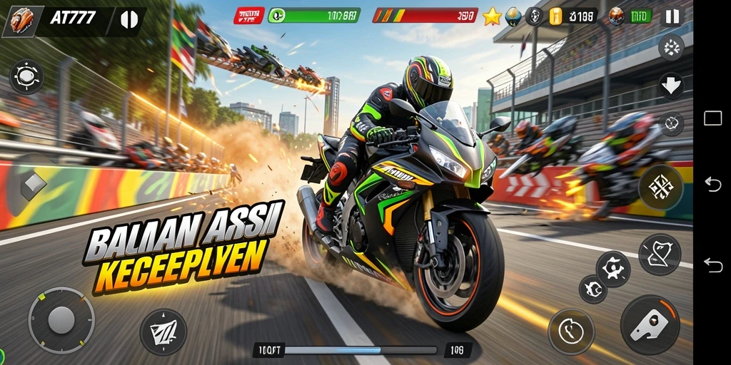 Gameplay mendebarkan AT777 dengan aksi balapan motor yang seru.