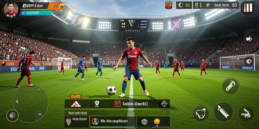 Tampilan gameplay seru dalam EVIP3 dengan aksi sepak bola.