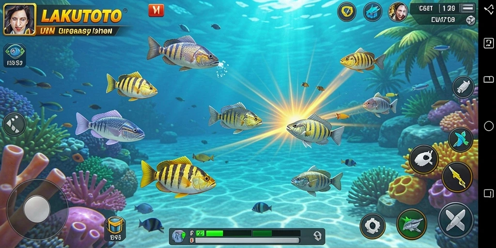 Screenshot LAKUTOTO menampilkan aksi seru menembak ikan.