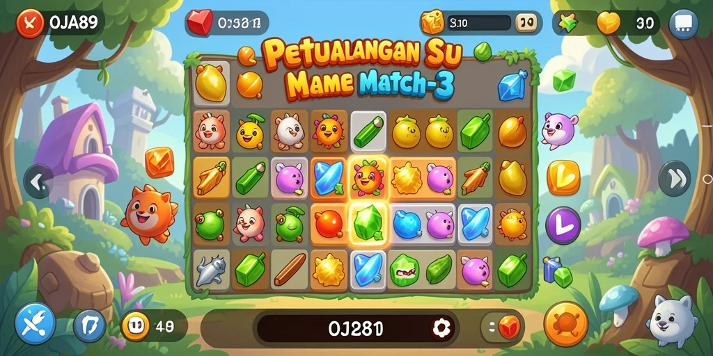 Screenshot utama OJA89 menampilkan gameplay Match-3 yang seru.